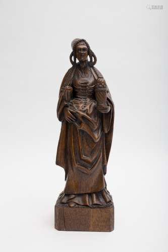 Flemish work Saint Barbara Oak sculpture. - H: 49 cm- -