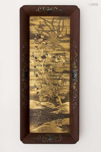 Rectangular tray with indented corners, Japan, Meiji period Hira-maki e lacquer featuring two