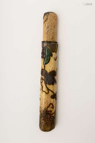 Kiseru-zutsu pipe case, Japan, Meiji period Bone inlaid with metal and lacquered with a squash