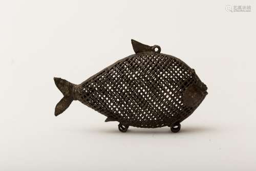 Fish-shaped cricket cage - China, antique work Bronze lattice with Lei Wei symbols on the cheeks.