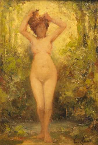 Emile Claus (1849-1924) Female nude Oil on marouflage canvas on paperboard, signed 'E. Claus' at
