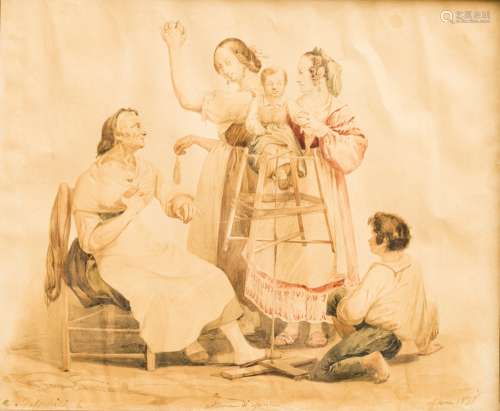 Andrea Gasparini (19th century) Group of women spinning wool Pencil and watercolour on paper, signed