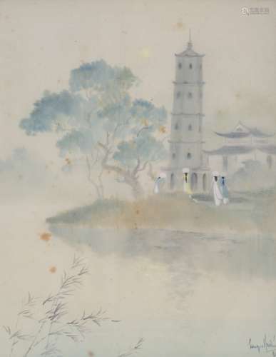 Pagoda at the edge of a river Watercolour on silk. Signed and dated 