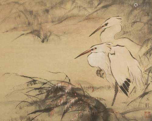 Two white herons Distempered paint, highlighted with gouache. In the style of Kacho-e, and the