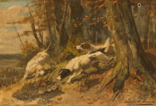 Henriette Ronner (1821-1909) Hunting dogs Oil on mahogany panel. Signed at lower right. - 25 x 36.