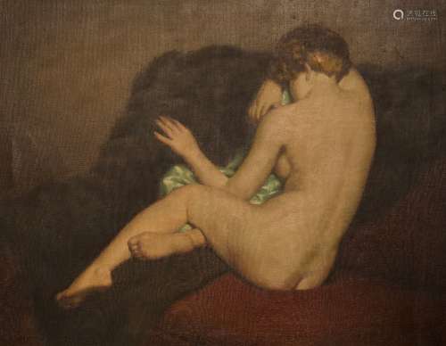 René Caty (active ca. 1902) Nude on a chaise longue Oil on canvas. - 70.5 x 95 cm- -