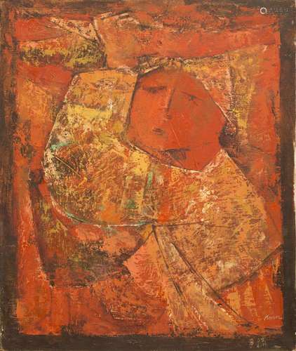 Yomko-Ho Kwon (Korean School - 20th century) Character on a red background Oil on canvas, signed 