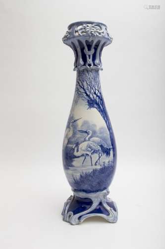 Art Nouveau work Large vase Earthenware decorated with blue enamel on a white ground, depicting