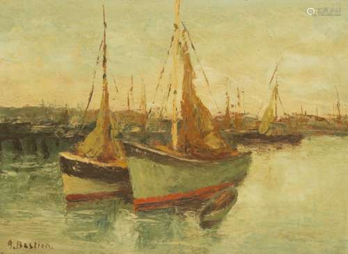 Alfred T. Bastien (1873-1955) At the port Oil on panel. Signed at lower left. - 17.5 x 23.5 cm- -