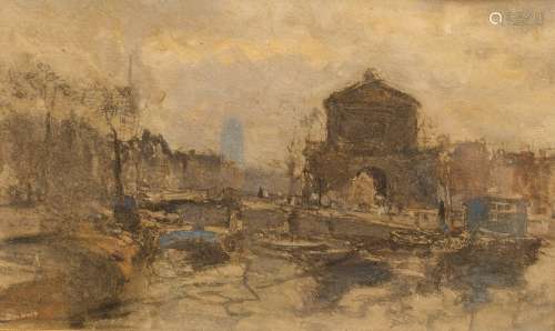 Henri Cassiers (1858-1944) View of Rotterdam at dawn Watercolour gouache on marouflage paper. Signed