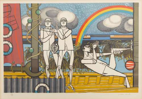Gustave Camus (1914-1984) Fishermen on a sailboat Lithography. Numbered 27/125 and confirmed in