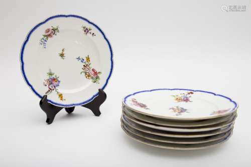 Sevres Set of seven plates Soft-paste porcelain with polychrome décor of flower bouquets, combed