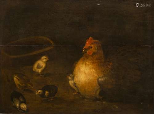 Anonymous Hen and chicks Oil on panel. In a giltwood frame. Panel cracked width-wise. - 45.5 x 61.