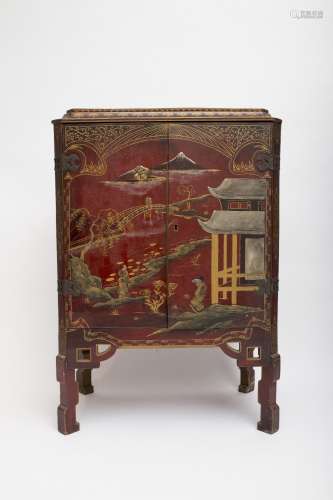 Late 19th century work Chinese-style cabinet Lacquered wood decorated with figures among pagodas and