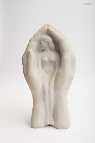 Gustave Fischweiler (1911 - 1990) Protection White marble sculpture, direct carving. Signed. - 50