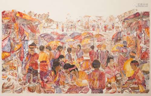 Cécile Marie Hubene (1956) Peruvian or Asian market (red) Watercolour on paper. A self-taught