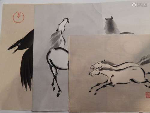 Seizan Aoyama, quatre estampes : chevaux et corbea...;