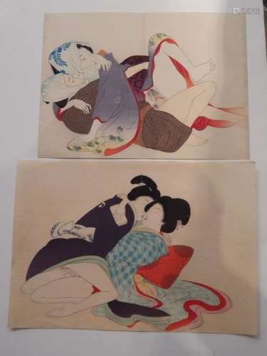 Shung, deux estampes érotiques. XIXe siècle.
