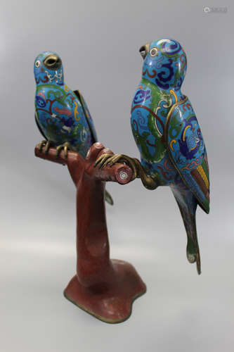 Large pair of cloisonne loves birds on branch. Birds with removable wings and articulated legs.