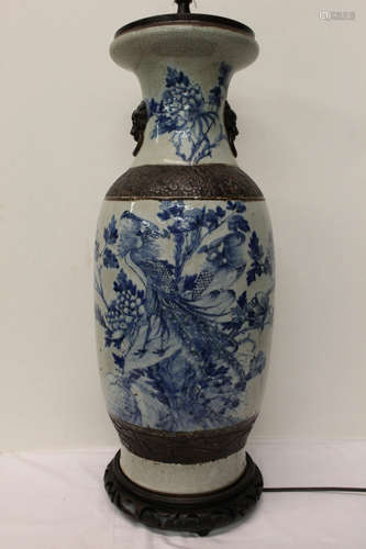 Chinese blue and white crackle glaze porcelain lamp Hugh size