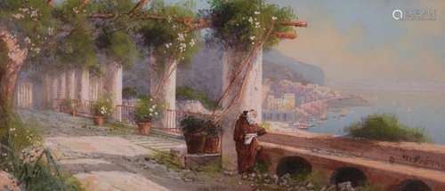 Gianni (Italian 19th Century)View on the Italian Amalfi coast; A monk on a terrace overlooking the