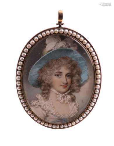 λ Follower of George EngleheartPortrait miniature of a lady, bust length in a white lace dress and