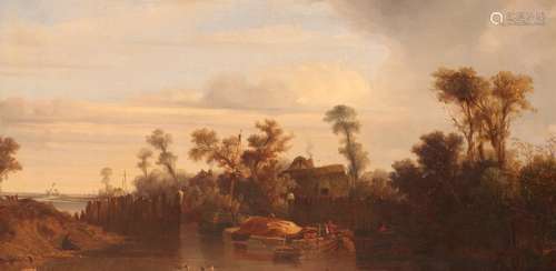 Alexandre Thomas Francia (c.1815-1884)Moored barges and a fisherman in a river landscapeSigned and