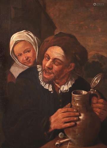 Attributed to Harmen Hals (Dutch 1611-1669)A man with a jug and pipe, a woman looking over his