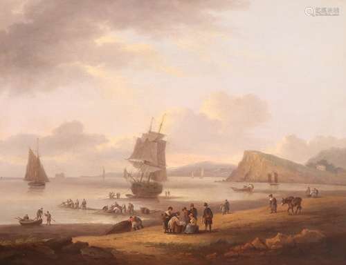 Thomas Luny (1759-1837)A Devon estuary with fishermen pulling in netsSigned and dated 1830Oil on