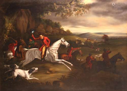 English School 19th Century Huntsmen and hounds in a landscapeOil on canvas79 x 111cm; 31 x 43¾in