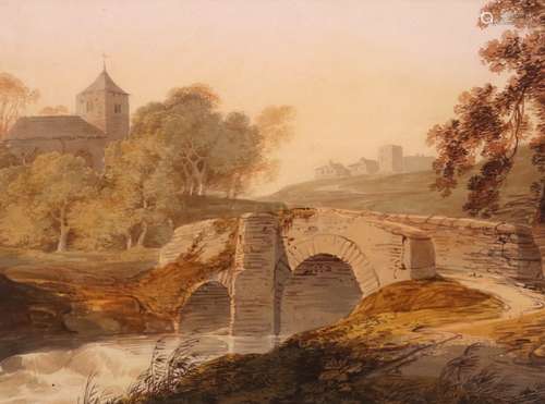 William Payne R.W.S. (1760-1830)A Devon view with a bridge and church, a town beyondPen, sepia ink