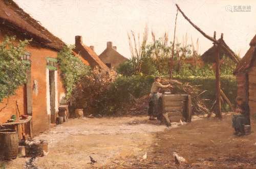 Evert Pieters (1856-1932)Figures in a back yard with a figure drawing water SignedOil on canvas44.