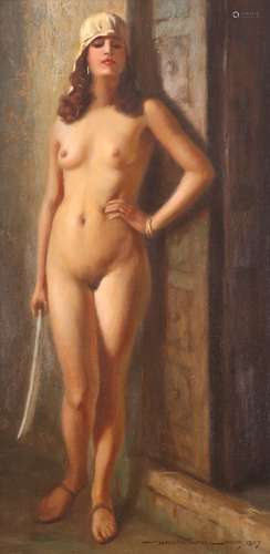 Hans Hassenteufel (German 1887-1943))Full length standing nude, holding a scimitarSigned and dated