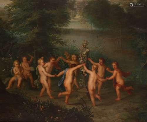 Follower of Jan van BalenMusic-making putti dancing around a herm of a satyr in a forestOil on panel