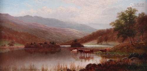 William Mellor (1851-1931)Cattle watering in a highland lake landscapeSignedOil on canvas30.5 x 61.