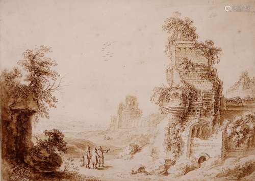 Continental School 18th CenturyFigures by a ruin in an Italianate landscapePen, sepia ink and