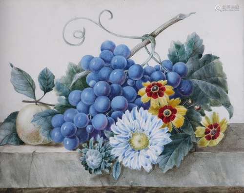 Octavia Gardyne (French 19th Century)Still life of grapes and flowers on a ledgeSigned and dated