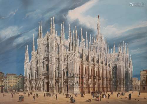 Attributed to Angelo Inganni (Italian 1807-1880) Piazza del Duomo, Milan with carriages and