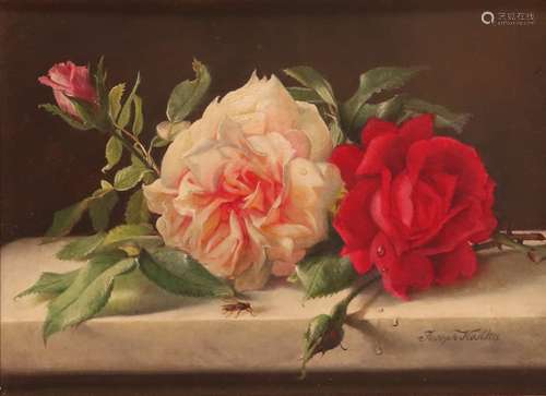 Joseph Kostka (Polish 1846-1927)Still life of cut roses on a ledgeSignedOil on canvas19 x 26cm; 7½ x