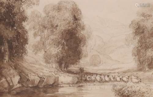 David Cox Snr. O.W.S. (1783-1859) A shepherd and flock in a river landscapePencil and sepia wash15.5