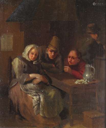 Dutch School 18th CenturyFour figures in a tavern interior with a pewter jugOil on panel26 x 22cm;