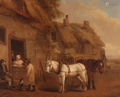 Attributed to George Morland (1763-1804)A farmer with his horses and cart taking refreshment at an