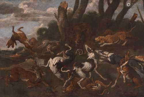 Follower of Paul de VosHounds attacking a boar in a wooded landscapeOil on canvas56.5 x 83cm; 22¼