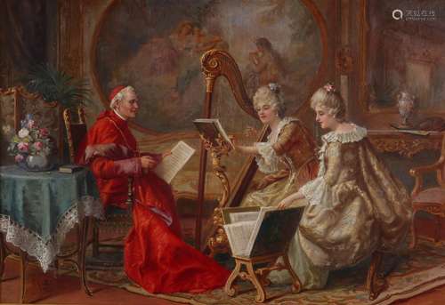 Raymond Moretti (1863-1913)A cardinal and two lady musicians in an interiorSignedOil on canvas38 x