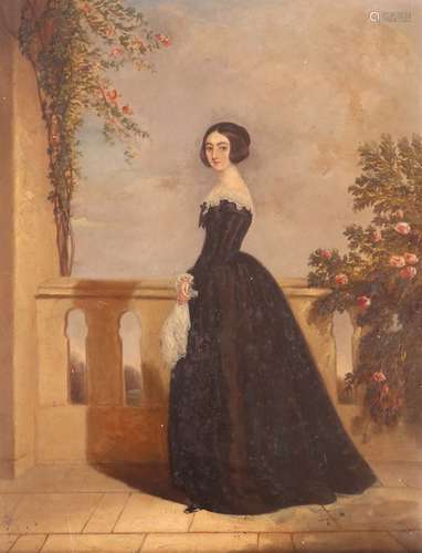 English School 19th CenturyPortrait of a lady standing on a terraceOil on panel, unframed45.5 x