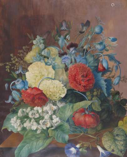 Mary Kearse (act. 1794-1830)Still life of tulips, poppies and sweet peas in a basket on a
