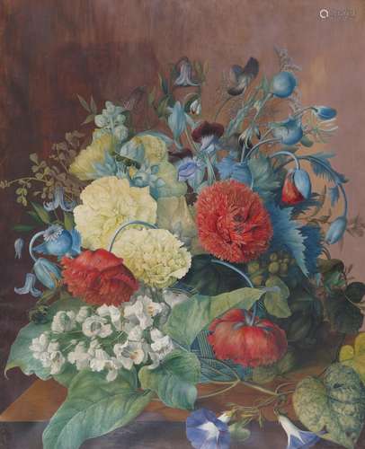 Mary Kearse (act. 1794-1830)Still life of tulips, poppies and sweet peas in a basket on a