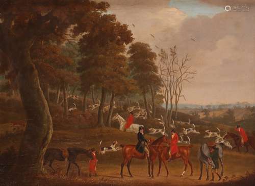 Claude Lorraine Smith (1751-1835)Huntsmen and hounds in a wooded landscapeOil on canvas39 x 54cm;