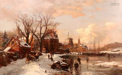 Karl Paul Themistokles von Eckenbrecher (German 1842-1921)Winter scene with boats and skaters on a