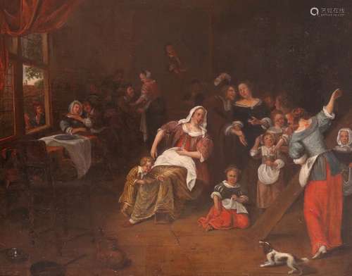 Dutch School 18th CenturyA busy interior scene with numerous figures making merryOil on canvas, in a